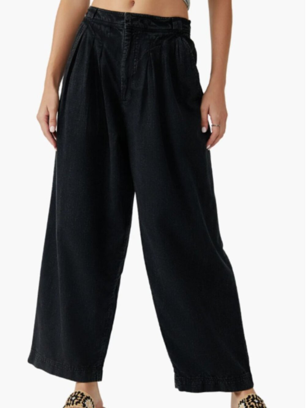Free People Black Lotta Love Pleated Wide Leg Cotton Pants Size 2 8285